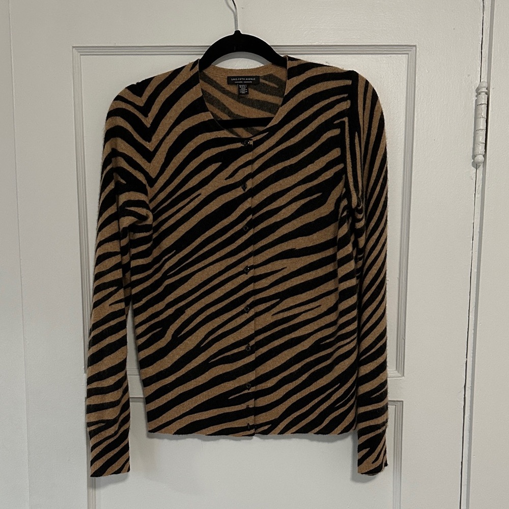 Saks Fifth Avenue Vintage Zebra Print Cardigan Sweater 100% Cashmere